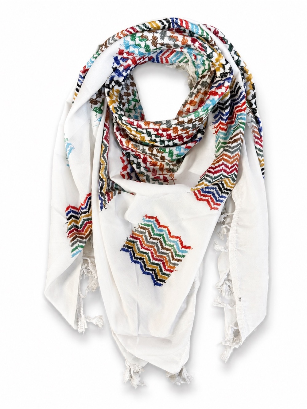 White Cotton Chevron Embroidered Scarf with Multicolor Accents